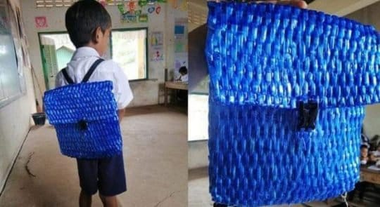 Tak Punya Cukup Uang, Bocah Ini Pakai Tas Sekolah Dari Tali Rafia Buatan Ayahnya