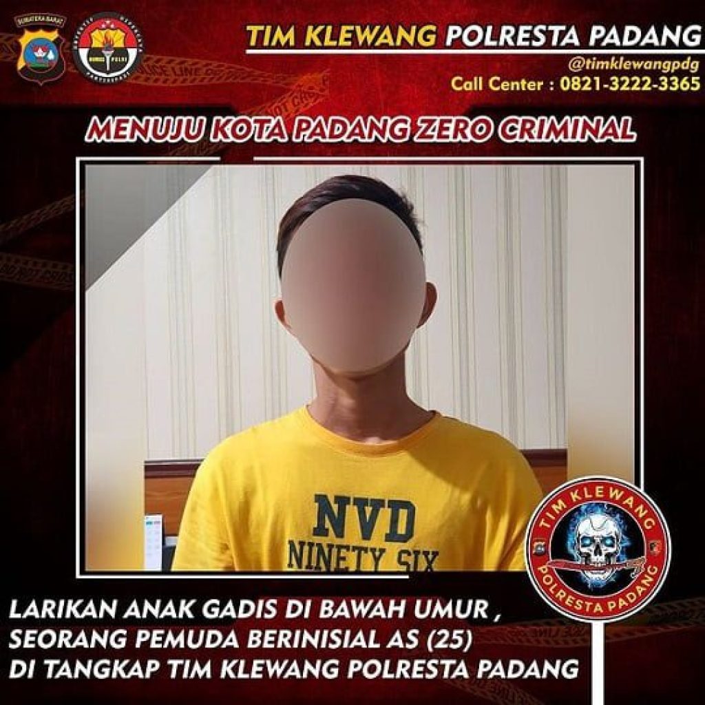 Larikan Anak Gadis di Bawah Umur, Seorang Pemuda Berinisial AS (25) di Tangkap Tim Klewang Polresta Padang