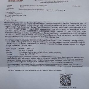 Ombudsman Sumbar Minta Klarifikasi Camat & Pj Wali Nagari Sungai Aua