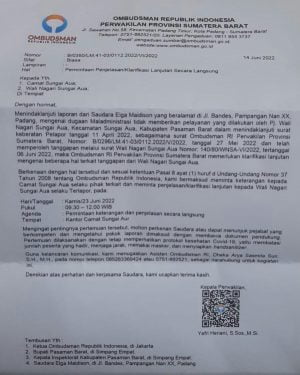 Ombudsman Sumbar Minta Klarifikasi Camat & Pj Wali Nagari Sungai Aua