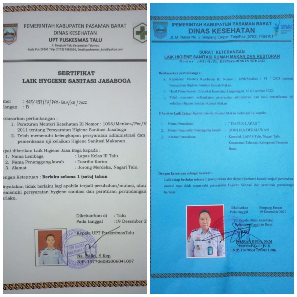 Lapas Kelas III Talu Dapat Sertifikat “Laik Hygiene Sanitasi Jasaboga” dari Puskesmas Talu Dinas Kesehatan Pasaman Barat