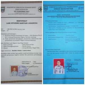 Lapas Kelas III Talu Dapat Sertifikat “Laik Hygiene Sanitasi Jasaboga” dari Puskesmas Talu Dinas Kesehatan Pasaman Barat