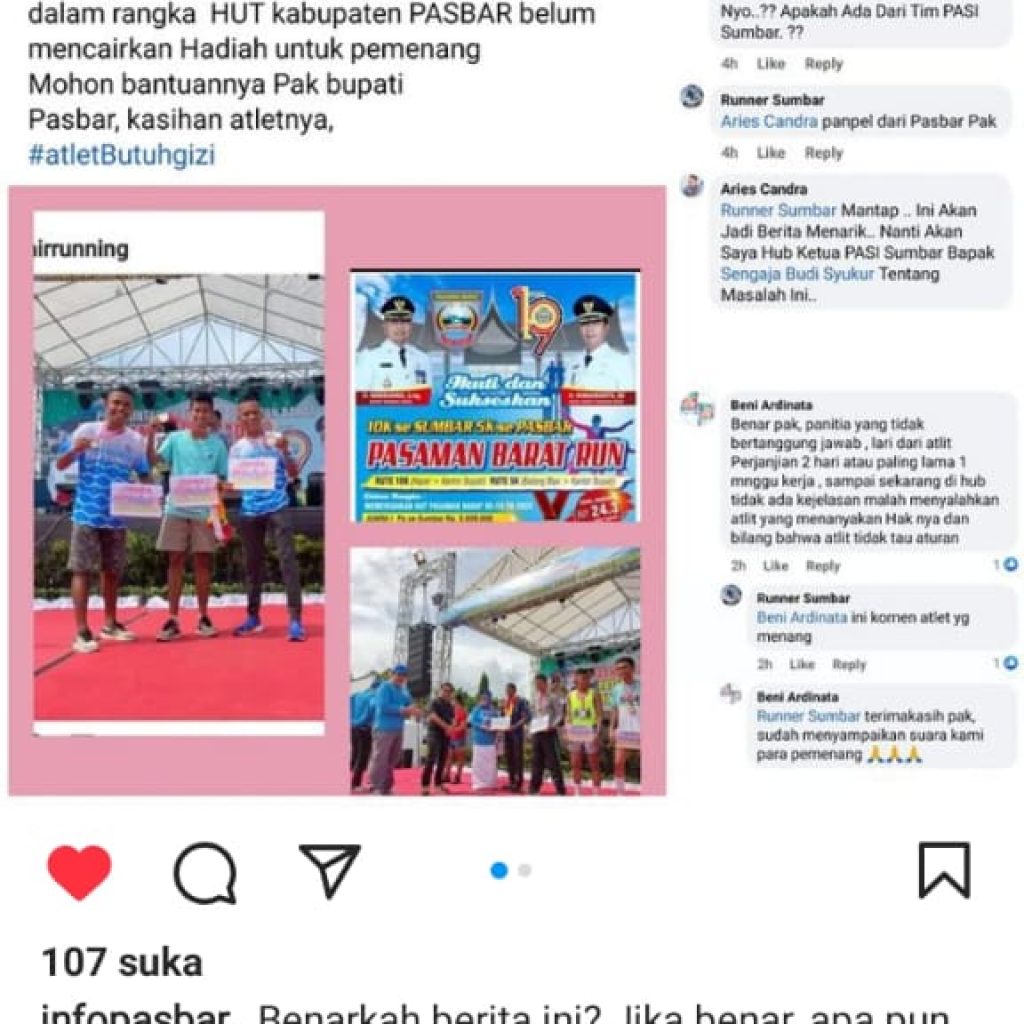 Memalukan, Hadiah Lomba Lari Hut Pasbar Ke-19 Sampai Hari ini Belum di Cairkan