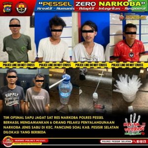 6 Orang Pelaku Penyalahgunaan Narkoba berhasil diamankan Tim Sapu Jagat Satresnarkoba Polres Pesisir Selatan