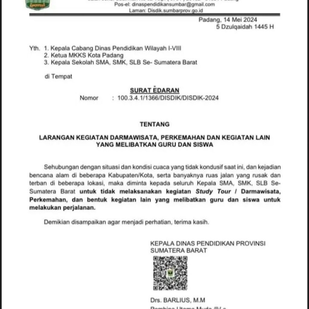 Demi Keselamatan, Pemprov Sumbar Tutup Pintu Untuk Study Tour