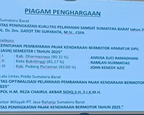 Dharmasraya Raih Prestasi Gemilang, ASN Jadi Pelopor Kepatuhan Pajak Kendaraan Bermotor di Sumatera Barat
