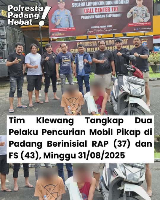 Pencurian Mobil Pikap di Padang Berakhir, Dua Pelaku Dibekuk Tim Klewang