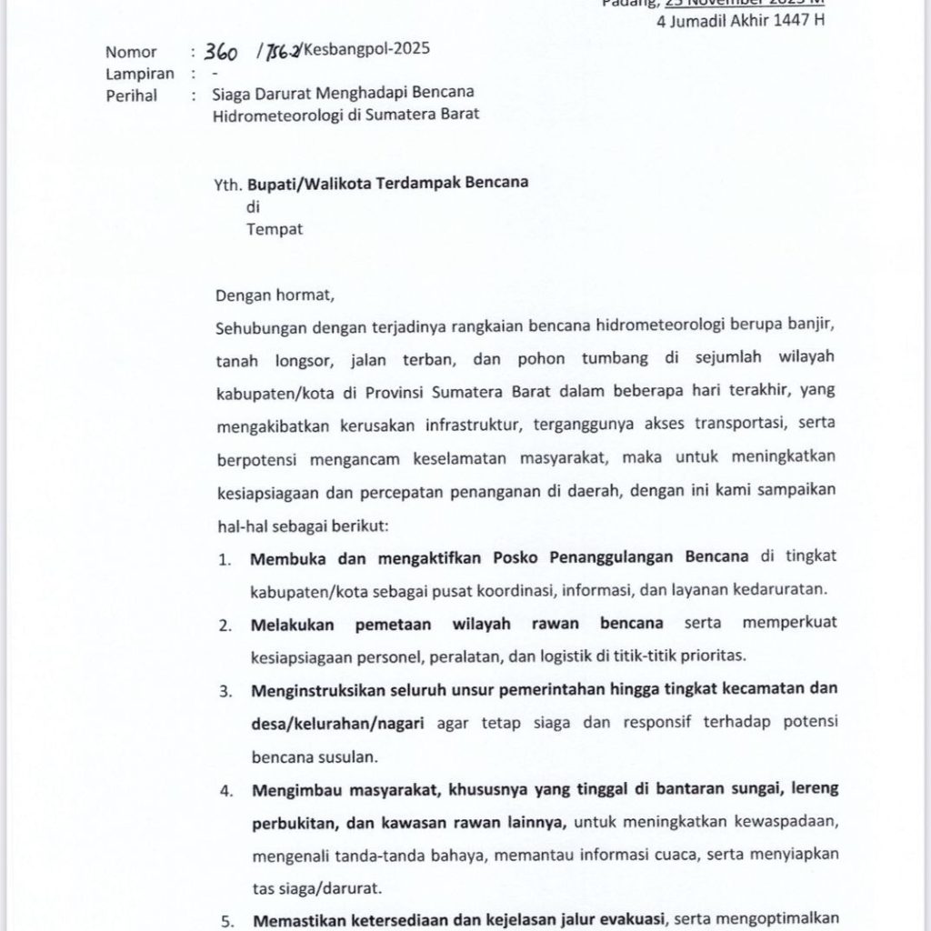 Keputusan Mendesak! Gubernur Sumbar Kirim Surat Khusus untuk Percepatan Penanganan Bencana