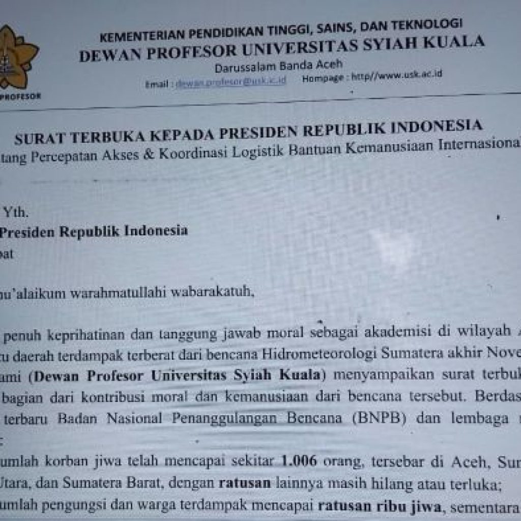 Akses Bantuan Internasional Aceh Mendesak, Profesor USK Kirim Surat ke Presiden