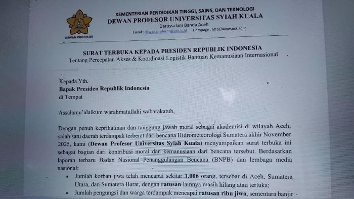 Akses Bantuan Internasional Aceh Mendesak, Profesor USK Kirim Surat ke Presiden