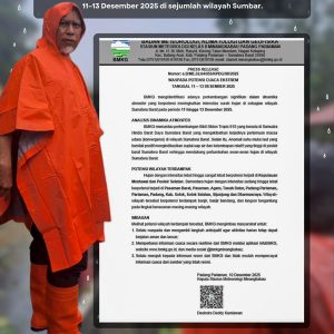 BMKG Peringatkan Hujan Lebat 11–13 Desember, Gubernur Mahyeldi Minta Warga Sumbar Waspada