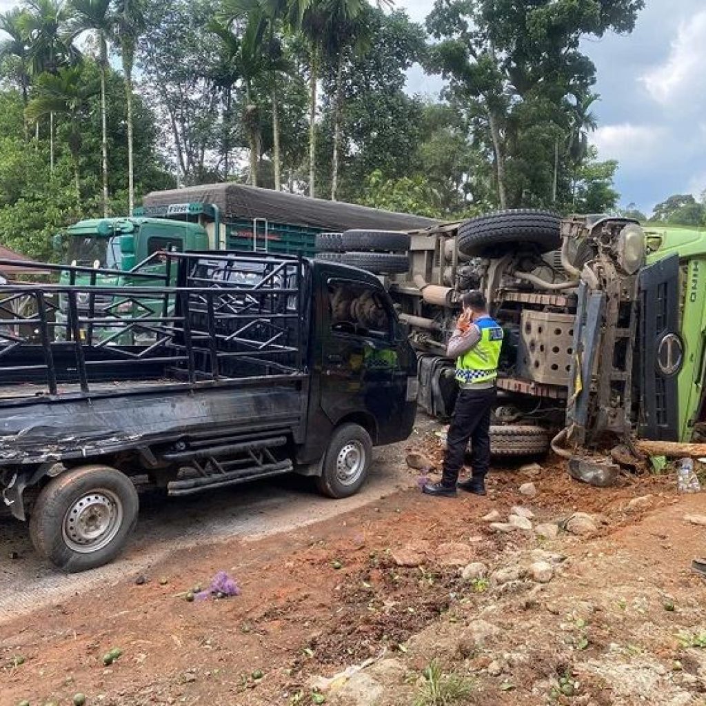 Rem Blong Memicu Truk Batu Bara Terguling di Sijunjung Hingga Jalur Lintas Sumatera Macet Total